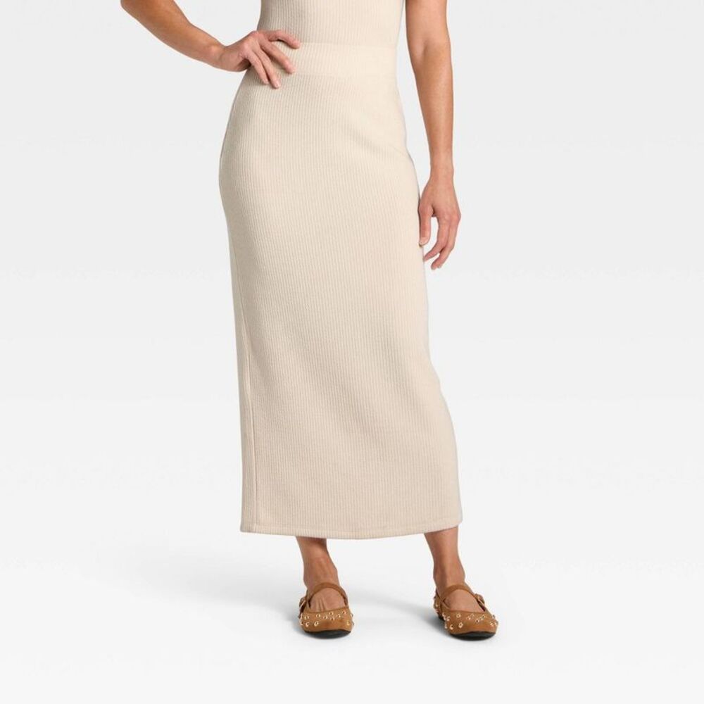 Women's Knit Ribbed Maxi Pencil Skirt - Universal Thread Cream S
